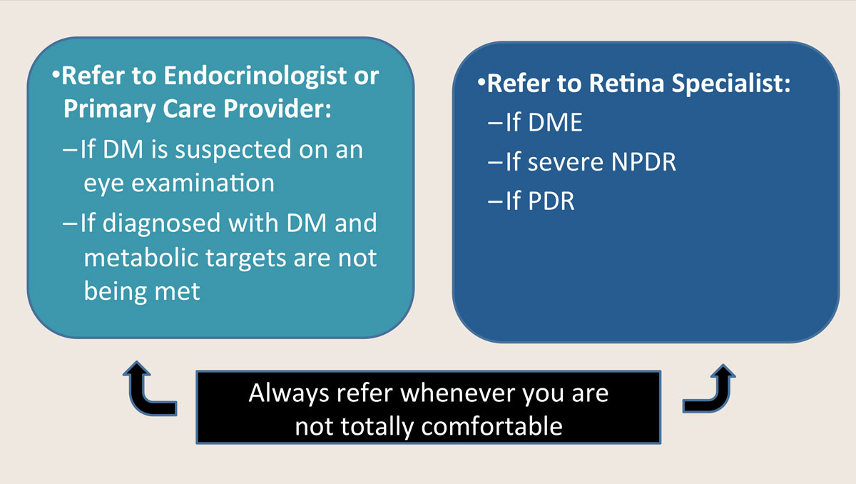 Figure 7. Guidelines for the referral of patients with known or suspected diabetes mellitus and/or diabetic retinopathy.46 Abbreviations: DM, diabetes mellitus; DME, diabetic macular edema; NPDR, nonproliferative diabetic retinopathy; PDR, proliferative diabetic retinopathy